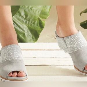 Sorel Light Gray Suede Open-Toe Mules with Studded Upper